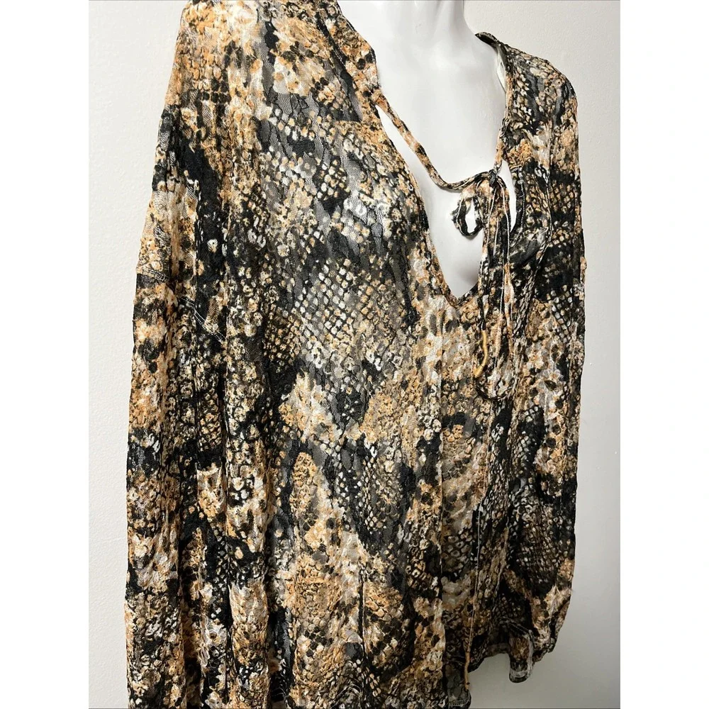 Free People Out For The Night Top XS Snake Print Boho Oversized‎ Semi Sheer Boho
